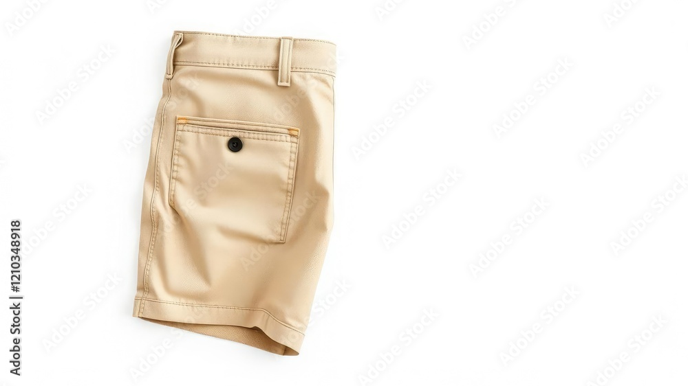 beige shorts with pockets on white background, simple design, summer clothing, casual wear beige shorts with pockets on white background, simple design, summer clothing, casual wear