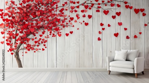 zoom in valentine tree with wooden wallpaper simple, with copy space for text