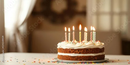 Obraz  z motywem Birthday cake with candles lit on the table, birthday celebration, cake decoration, dessert
