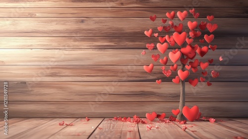 zoom in valentine tree with wooden wallpaper simple, with copy space for text