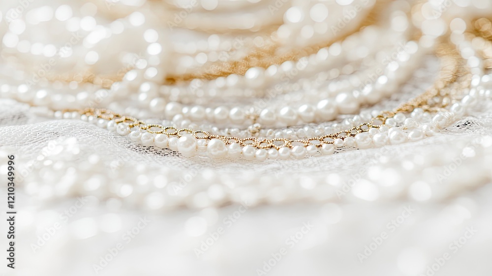 Elegant pearl necklaces on lace fabric; close-up shot; luxury jewelry; wedding or fashion use Elegant pearl necklaces on lace fabric; close-up shot; luxury jewelry; wedding or fashion use