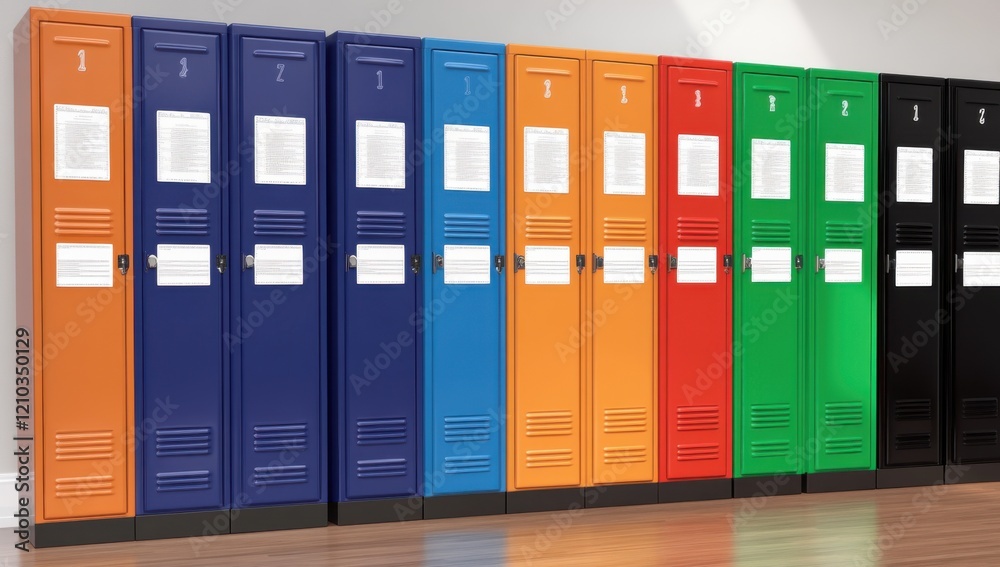 A row of school lockers in various colors, with white labels on the doors and the door handles in focus.
