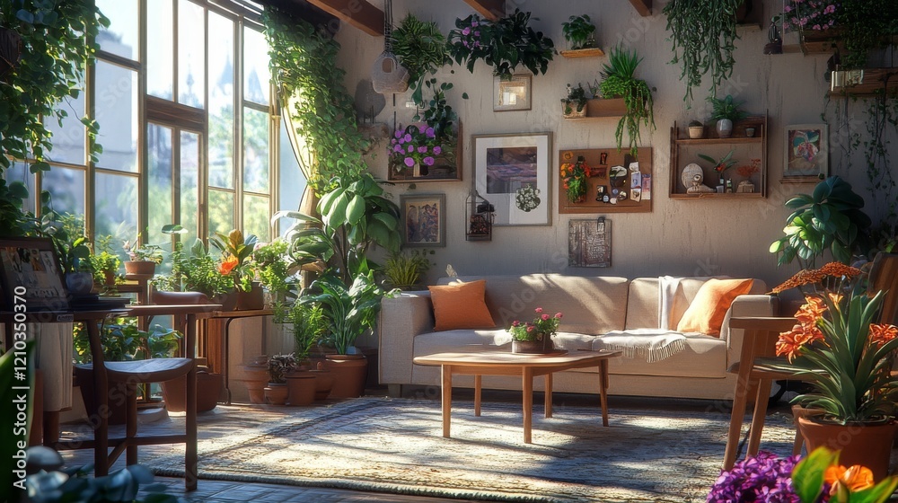 Fototapeta premium Furniture: sofa, indoor plants, tables, chairs, flower pots. Living room interior silhouette