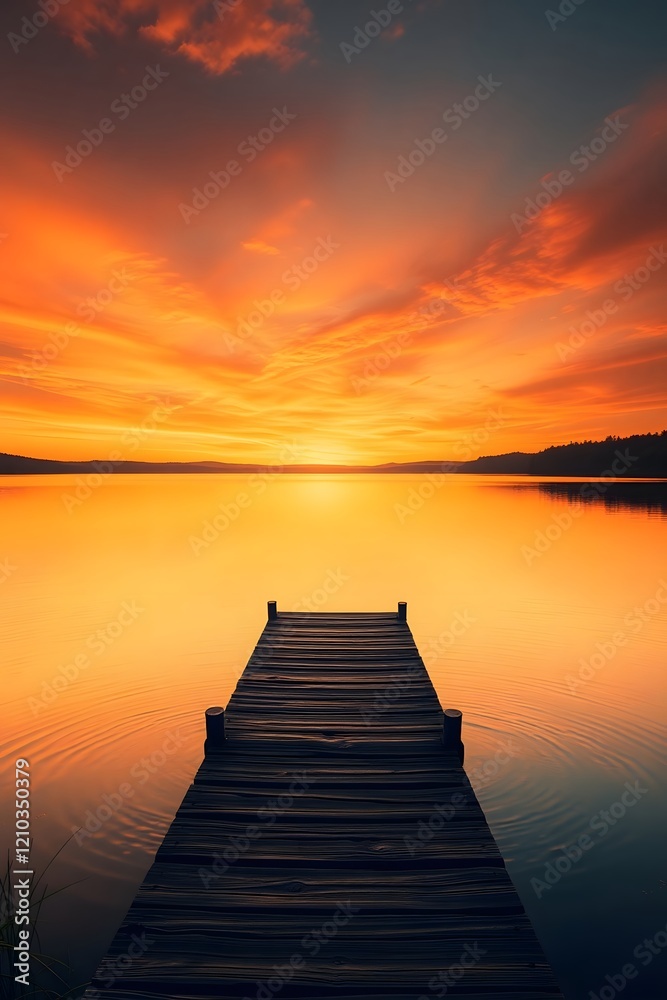 Fototapeta premium A peaceful lakeside sunrise where the light dances on the water and a dock fades into the mist.