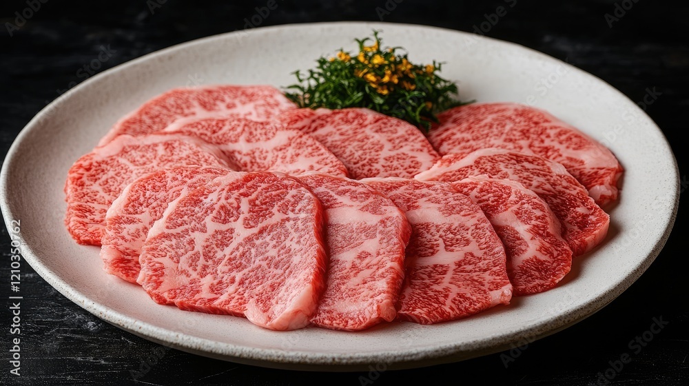 Authentic Japanese wagyu beef steak slices served on a white plate