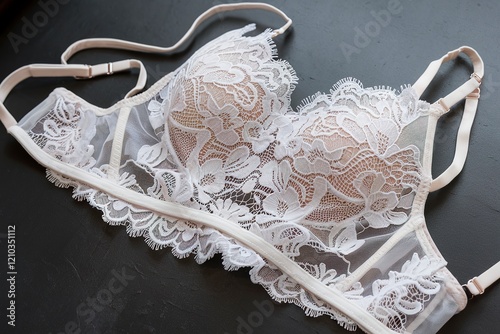 A delicate white bralette with intricate lace detailing on dark background