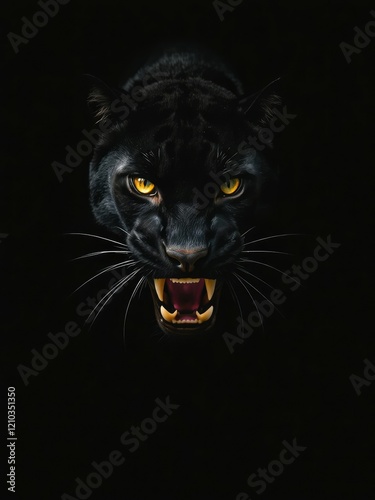 Black panther with piercing yellow eyes and sharp fangs, standing alone and roaring in the dark, black, angry