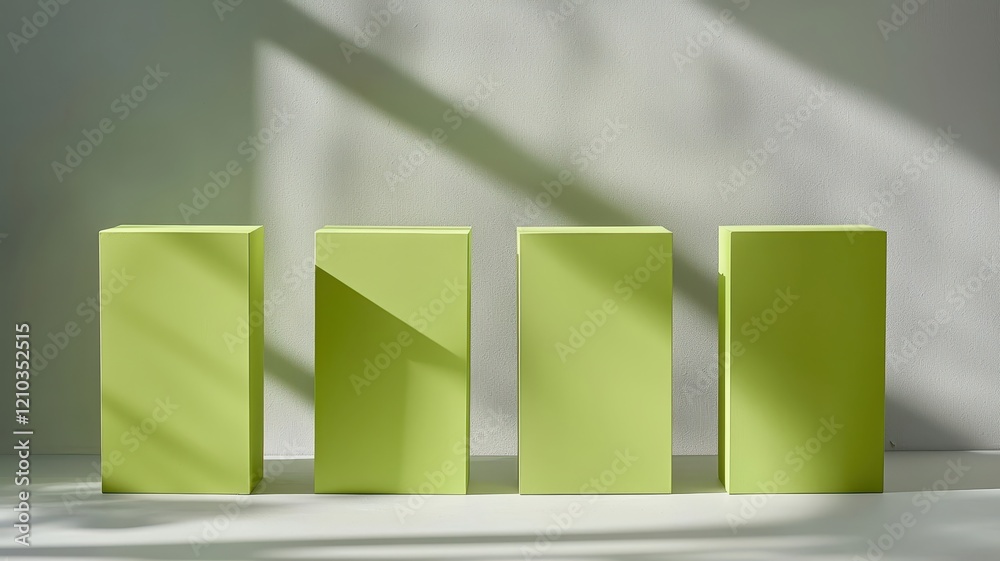 Bright Green Minimalist Boxes with Geometric Shapes and Natural Light Shadows on White Background for Contemporary Design Projects Bright Green Minimalist Boxes with Geometric Shapes and Natural Light Shadows on White Background for Contemporary Design Projects