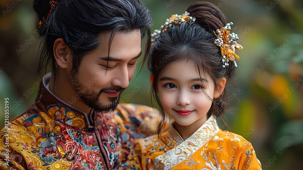 Asian Father Daughter Traditional Clothing Portrait Asian Father Daughter Traditional Clothing Portrait