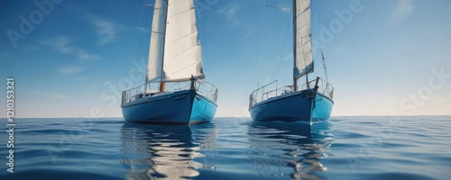 Blue antifouling-coated sailboat half-submerged in water, beached boat, blue hull photo