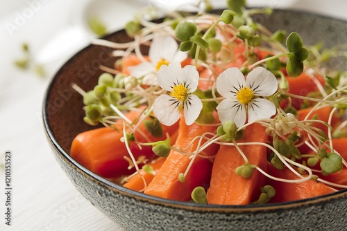 Close-up, carrot salad with wheat sprouts and flowers on white background