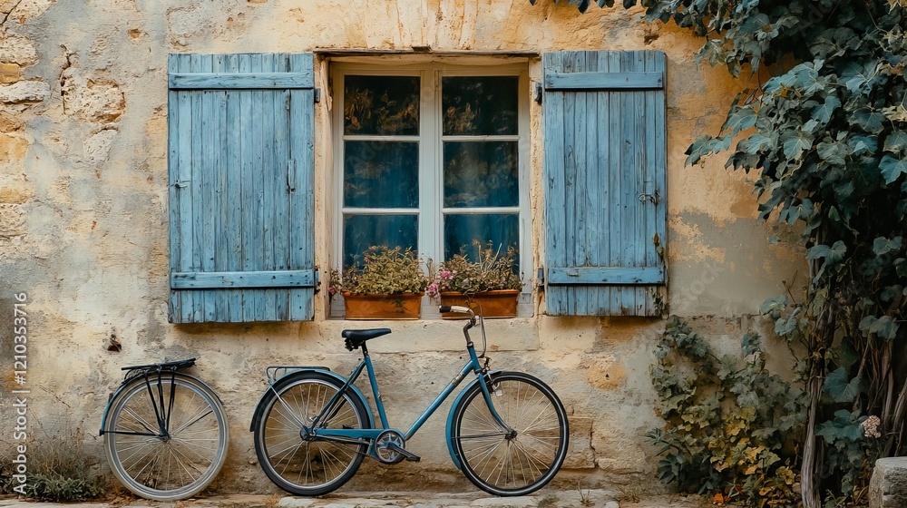 Vector landscape of window with shutters and bicycle in Provence style Vector landscape of window with shutters and bicycle in Provence style