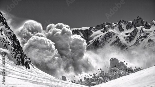 of snow and rocks crashing down during an avalanche, emphasizing the force and destructive nature of the event Avalanche.Impact 