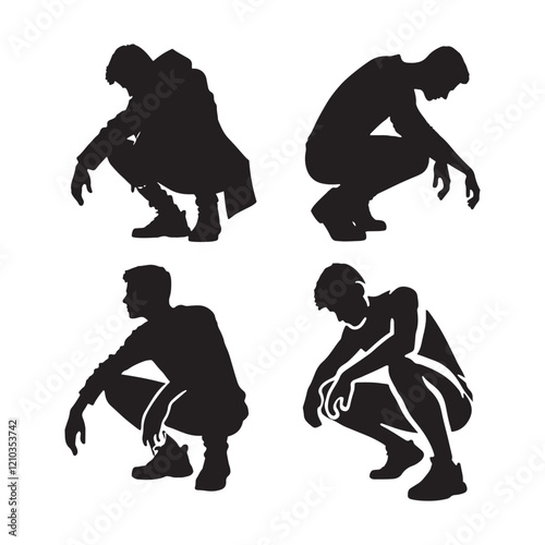 Illustrated set of crouching man silhouette - man crouching vector set - man crouching illustrations set
