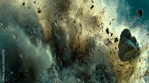 of snow and rocks crashing down during an avalanche, emphasizing the force and destructive nature of the event Avalanche.Impact 