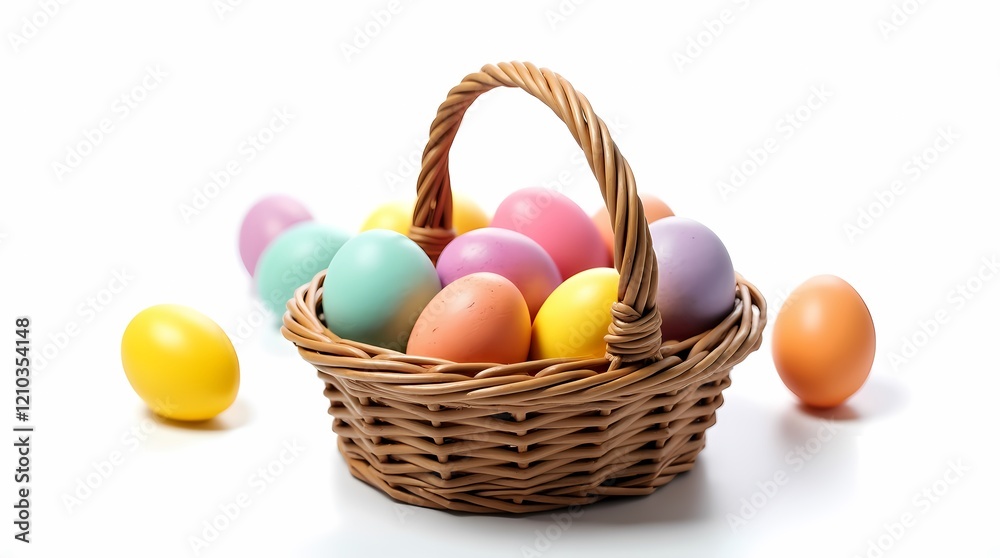 Colorful Easter eggs in wicker basket isolated on white background Colorful Easter eggs in wicker basket isolated on white background