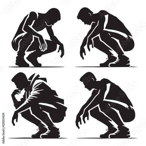 Compact set of crouching man silhouette - man crouching vector set - man crouching illustrations set
