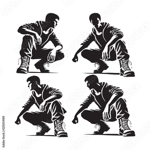 Realistic set of crouching man silhouette - man crouching vector set - man crouching illustrations set
