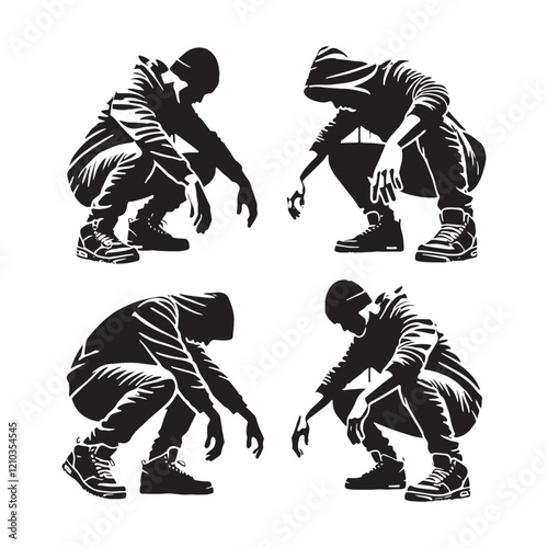 Minimalist set of crouching man silhouette - man crouching vector set - man crouching illustrations set
