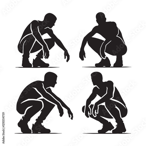 Dynamic set of crouching man silhouette - man crouching vector set - man crouching illustrations set
