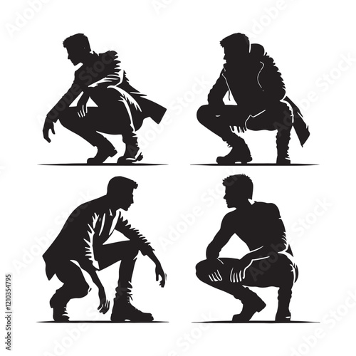 Unique set of crouching man silhouette - man crouching vector set - man crouching illustrations set
