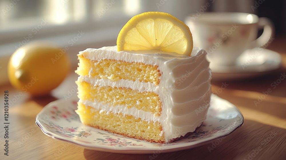 Lemon cake slice, sunlit kitchen, tea Lemon cake slice, sunlit kitchen, tea