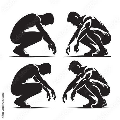 Modern set of crouching man silhouette - man crouching vector set - man crouching illustrations set
