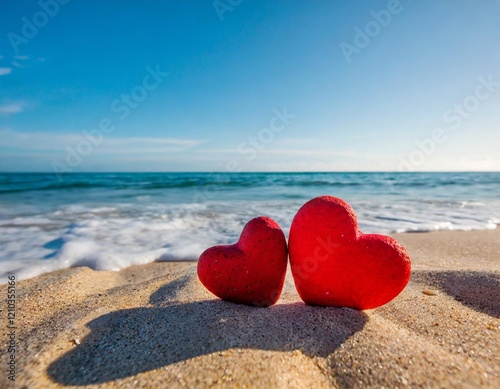 Two Red Heart-Shaped Stones on the Sandy Beach, Symbolizing Love and Connection by the Ocean photo