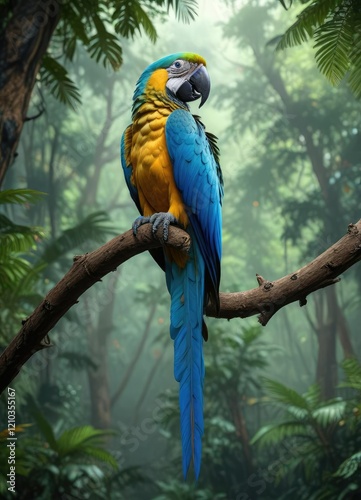 Blue macaw resting on a branch in the rainforest canopy, greenery, tropical environment