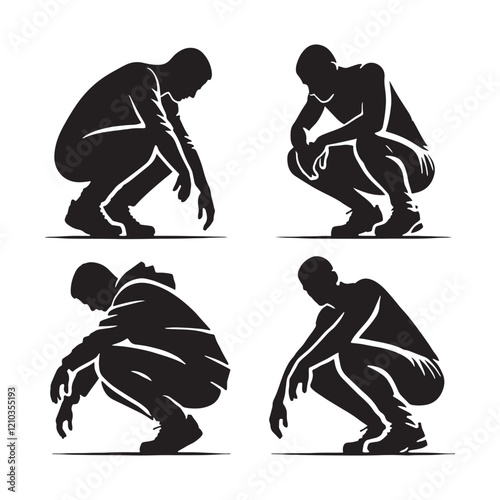 Artistic set of crouching man silhouette - man crouching vector set - man crouching illustrations set
