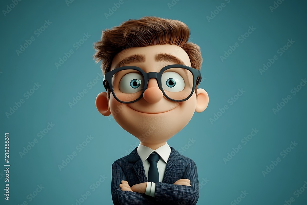 Friendly 3D Boy Illustration Large Eyes Smiling Arms Crossed