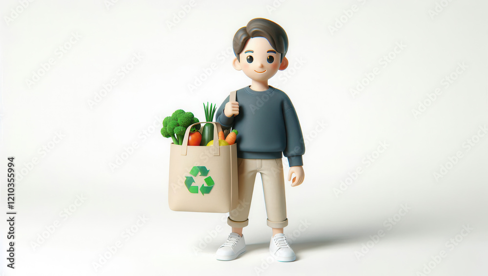 Healthy living through sustainable shopping boy with eco-friendly grocery bag studio illustration Healthy living through sustainable shopping boy with eco-friendly grocery bag studio illustration
