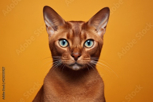 Portrait of a funny havana brown cat in front of solid color backdrop