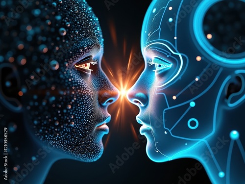 Confrontation between nanorobots and AI in a futuristic setting showcases the clash of technology and intelligence photo