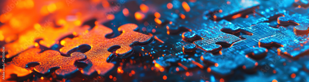 Fototapeta premium Brightly colored puzzle pieces rest on a metallic surface resembling a circuit board, blending technology with art. The vivid colors create an inviting and intriguing atmosphere.