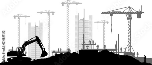 Vektor Silhouette - Bagger auf Sandhügeln - Gebäude Bauindustrie - Baumaschine im Einsatz - Bauprojekt