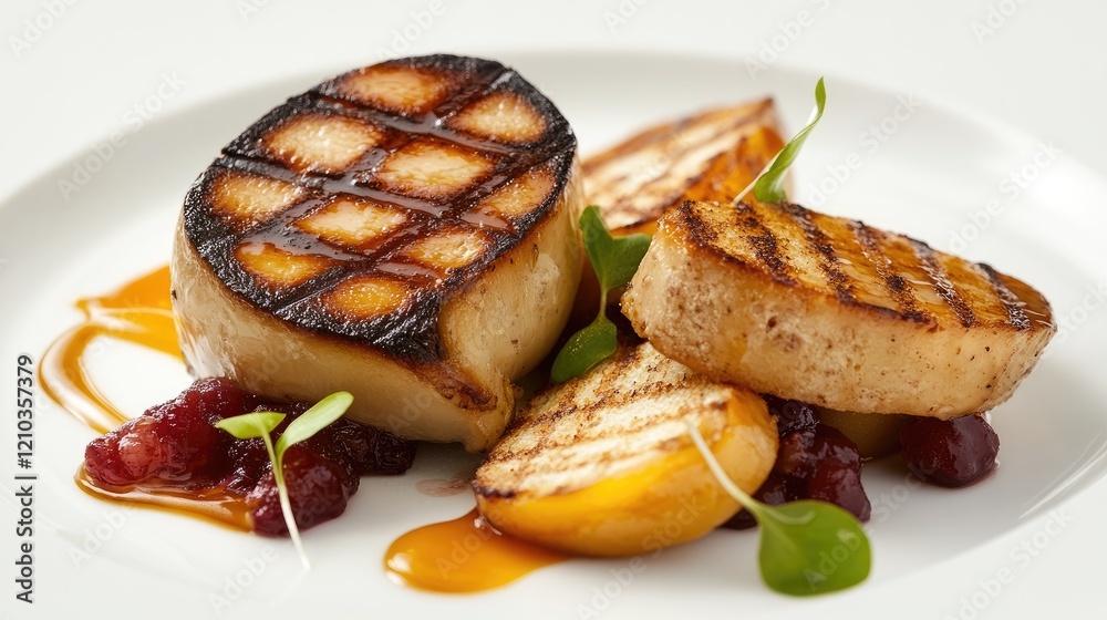 Foie gras served with toast points and a drizzle of fruit compote on a white background Foie gras served with toast points and a drizzle of fruit compote on a white background
