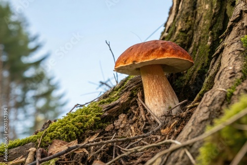 Boletus aurantiacus growing on tree roots, forest environment, brown and orange hues, tree roots, bolete, fungi photo