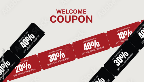 Welcome coupon gift discounts of 10%, 20%, 30% 40%, and percent off in modern red and black gradient colors. Vector design for promo, marketing, promotion, web, marketplace or social media