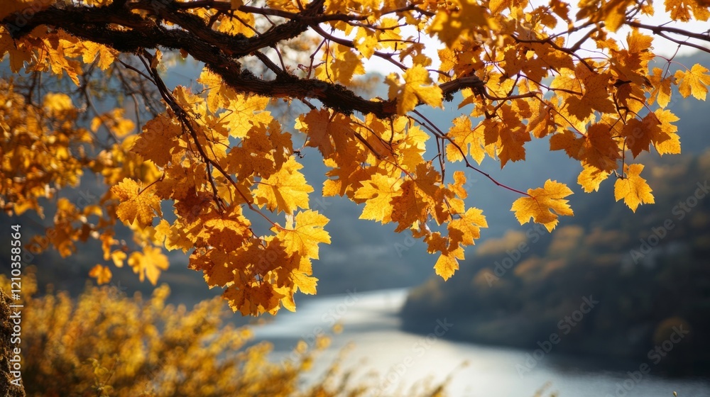 Autumn Leaves by the River. Golden Fall Scene Autumn Leaves by the River. Golden Fall Scene