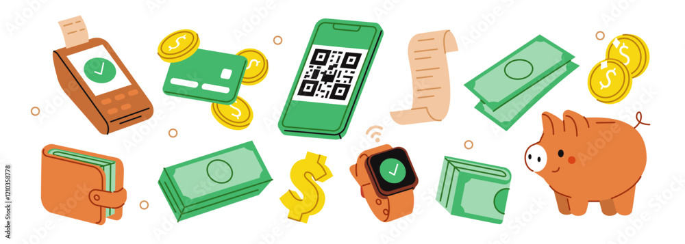 Money set. Credit card, bill, wallet, piggy bank, banknotes, coins and other financial elements. Payment, savings, cashback concept. Vector illustration.