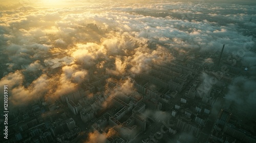 Aerial photography of China, film texture, documentary style, bird's eye view, top view, extreme panorama, Beijing's towering buildings surrounded by clouds, high-definition photography, bright daytim photo