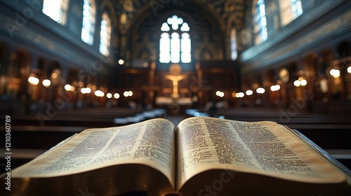 A traditional Jewish synagogue with worshippers reading from the Torah, peaceful and reverent setting   photo