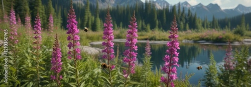 Bumblebee hovering near fireweed plants at Reflections Lake, water, nature, fireweed