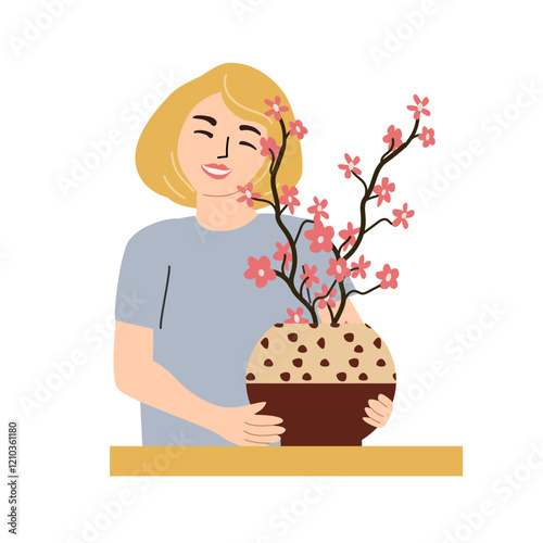 Self love concept with woman holding blossoming cherry tree in pot for relaxation and mindfulness.