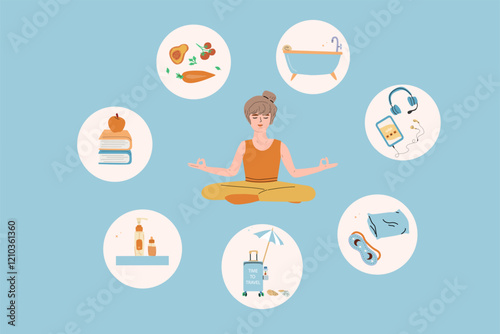 Self care and relaxation illustration featuring meditation and mindfulness activities for women.