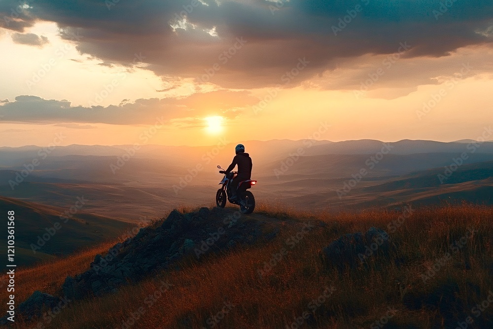 Motorcyclist watching golden sunset over scenic mountains Motorcyclist watching golden sunset over scenic mountains