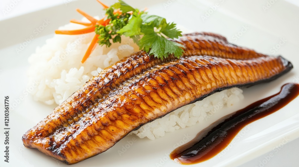 Plate of grilled unagi eel served with rice and sauce on a clean white background Plate of grilled unagi eel served with rice and sauce on a clean white background