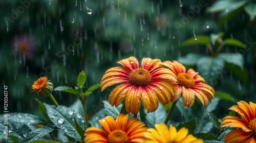 Vibrant Orange and Yellow Flowers Glistening in Gentle Rain photo
