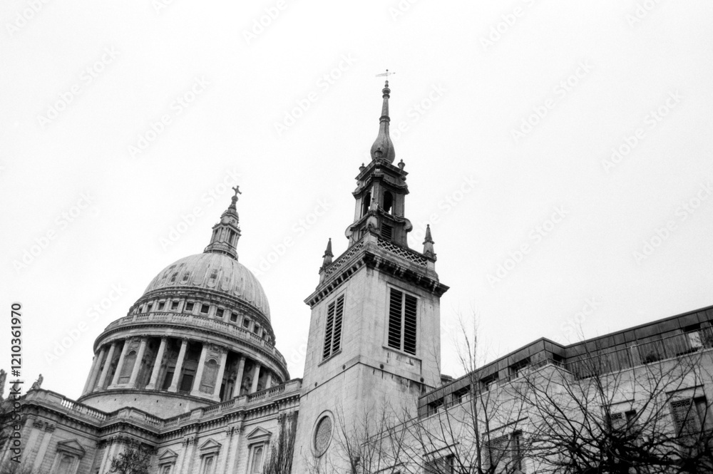 St paul's cathedral dome and bell tower captured on analog film in london St paul's cathedral dome and bell tower captured on analog film in london